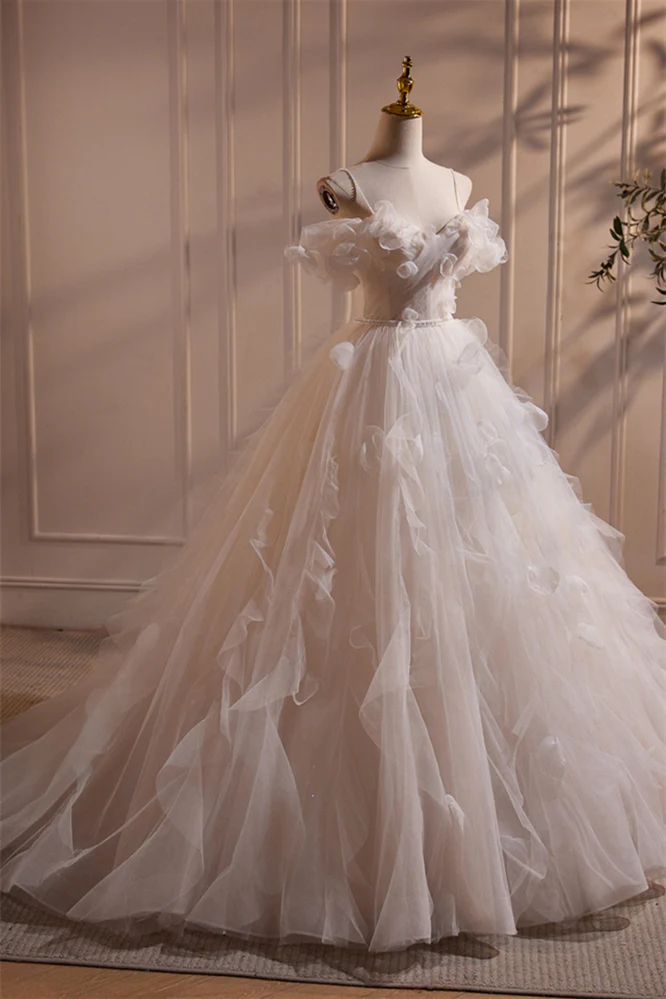 Off the Shoulder Ivory Tulle Floral Long Wedding Gown - Image 3