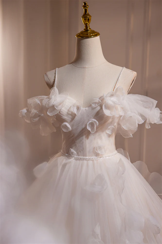 Off the Shoulder Ivory Tulle Floral Long Wedding Gown - Image 4