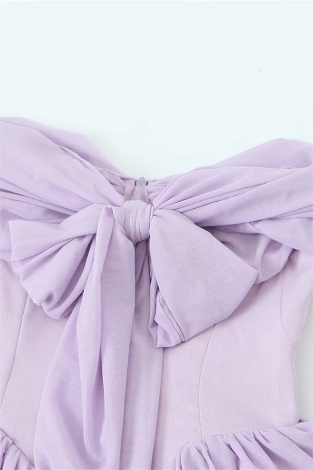 Off the Shoulder Lavender Bow Tie Short Dress - Image 3