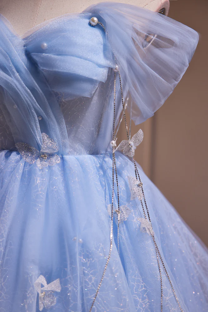 Off the Shoulder Blue A-line Short Princess Dress - Image 3