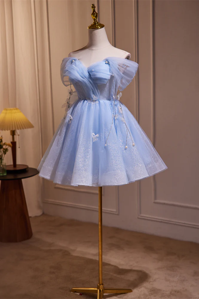 Off the Shoulder Blue A-line Short Princess Dress - Image 4