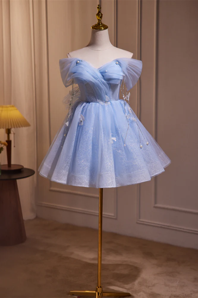 Off the Shoulder Blue A-line Short Princess Dress - Image 5