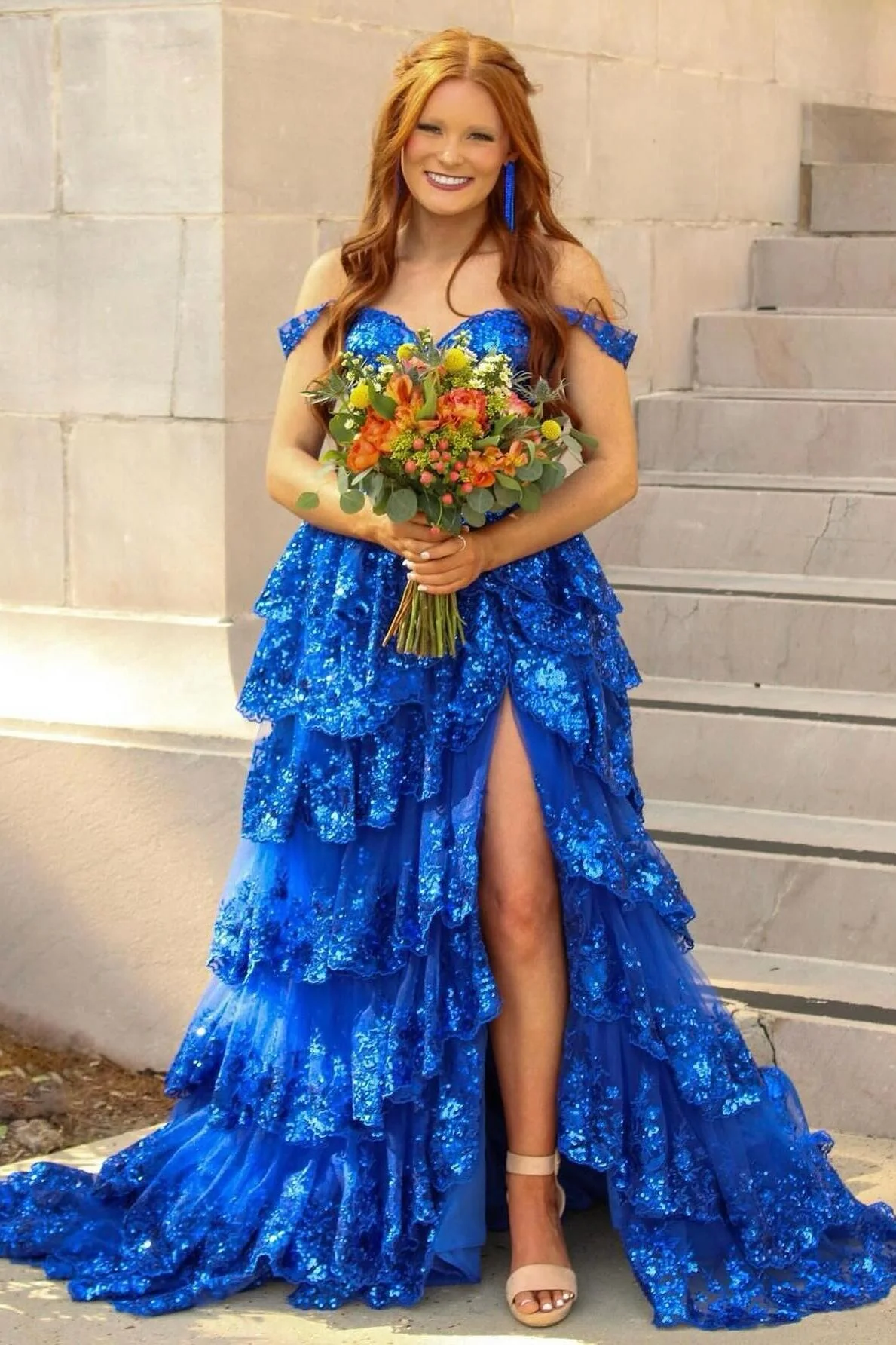 Off the Shoulder Light Blue Appliques Tiered Formal Gown - Image 10