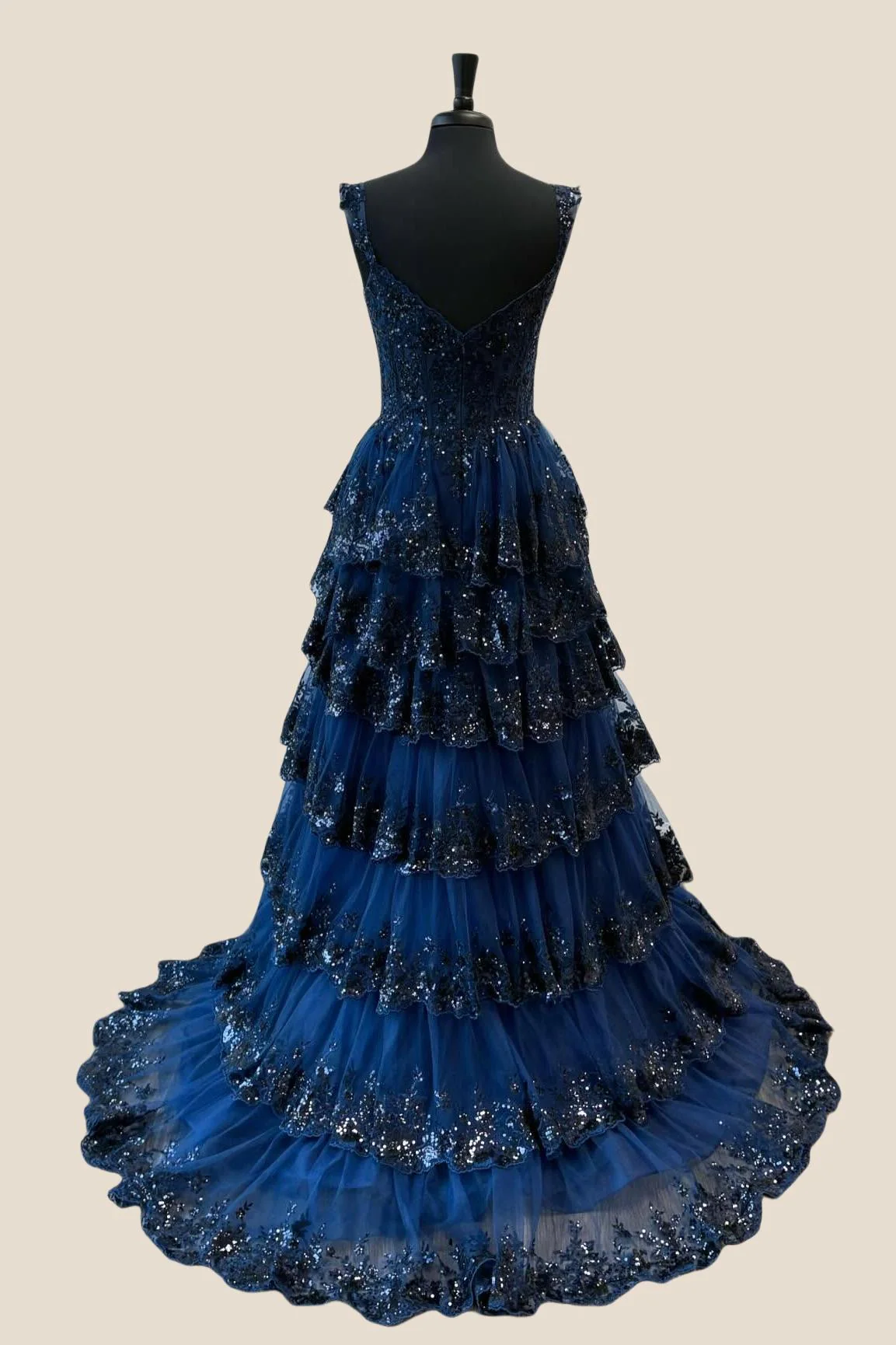 Off the Shoulder Light Blue Appliques Tiered Formal Gown - Image 12
