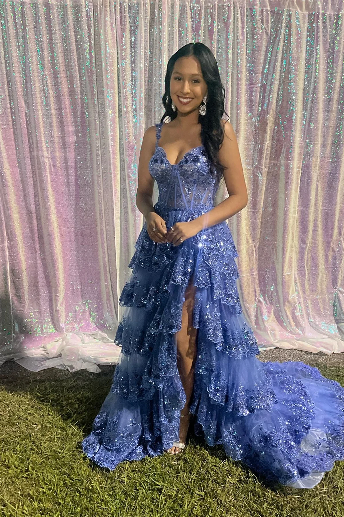 Off the Shoulder Light Blue Appliques Tiered Formal Gown - Image 4