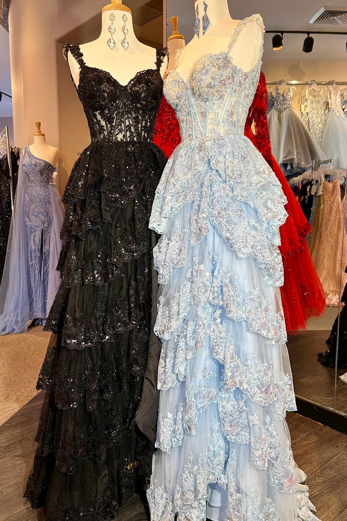 Off the Shoulder Light Blue Appliques Tiered Formal Gown - Image 5