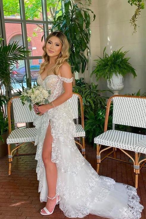 Off the Shoulder Light Blue Appliques Tiered Formal Gown - Image 7