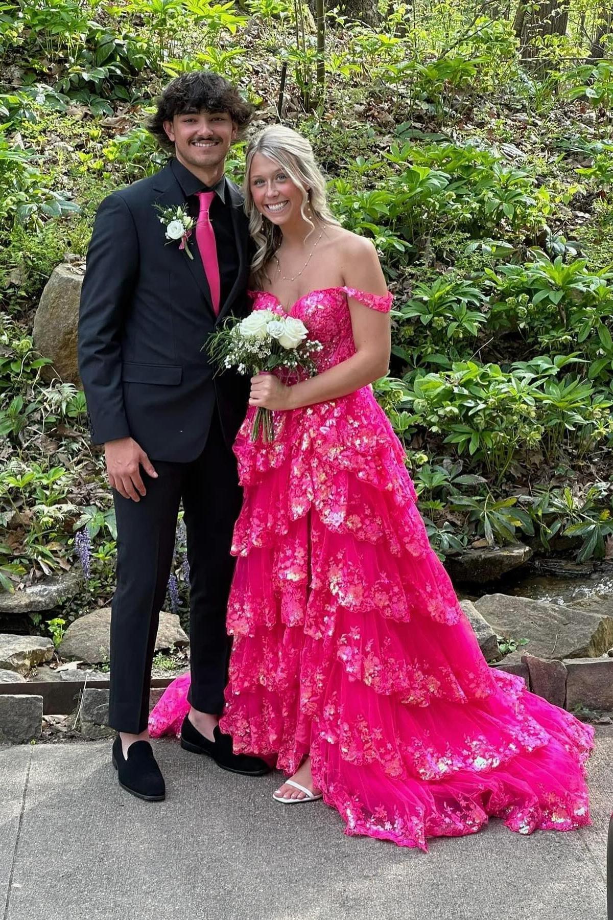 Off the Shoulder Light Blue Appliques Tiered Formal Gown - Image 8