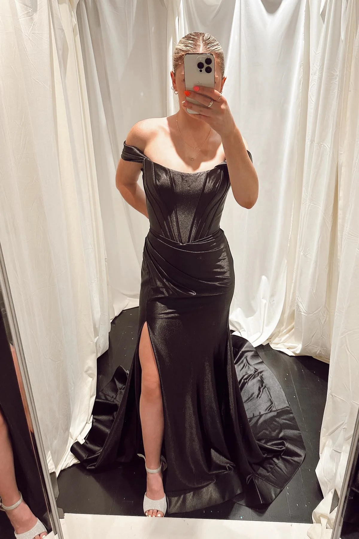 Off the Shoulder Light Blue Satin Mermaid Prom Dress - Image 3