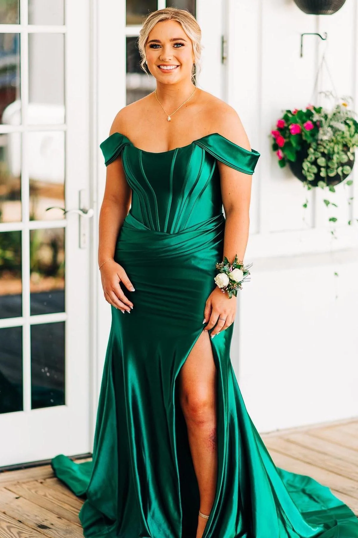 Off the Shoulder Light Blue Satin Mermaid Prom Dress - Image 4