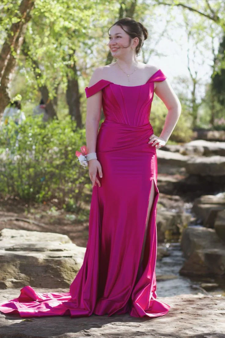 Off the Shoulder Light Blue Satin Mermaid Prom Dress - Image 6