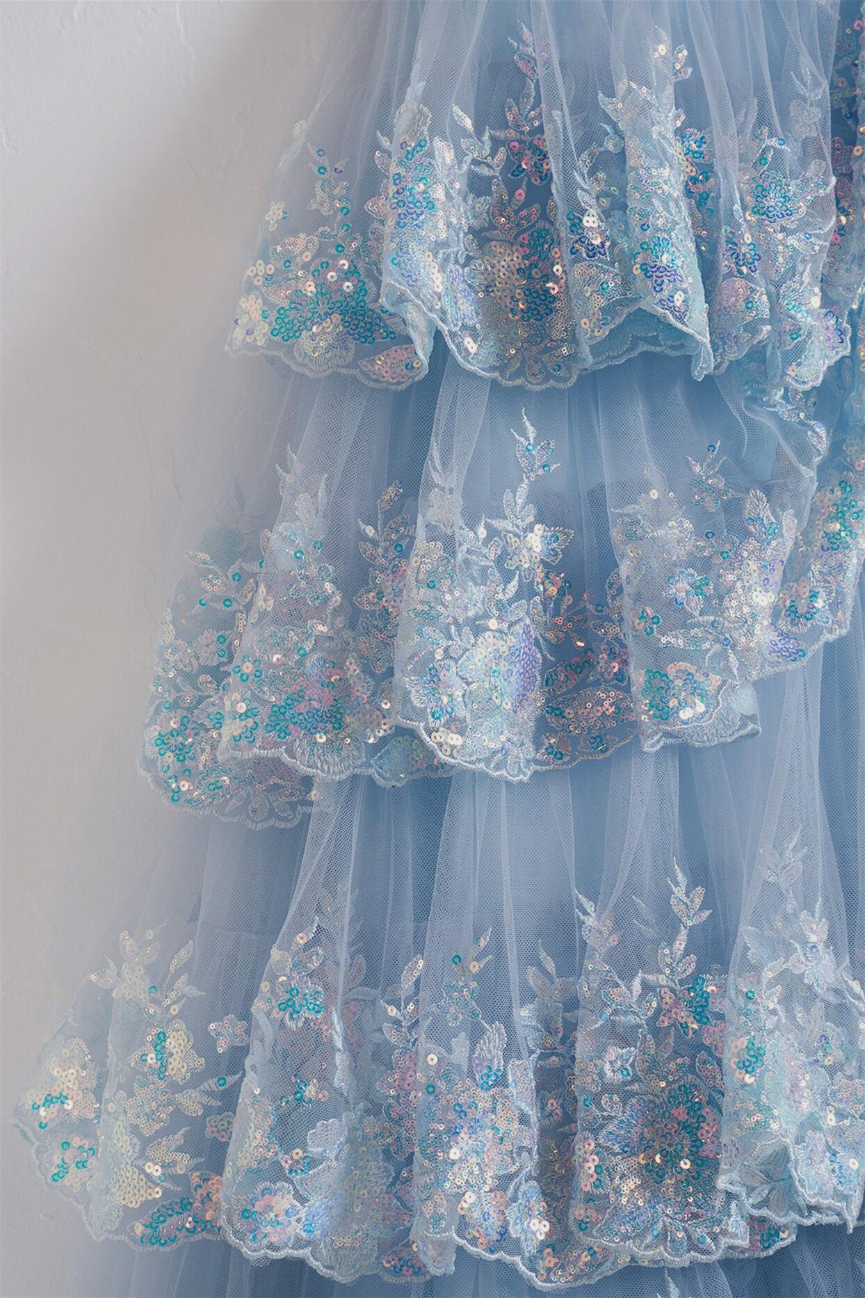 Off the Shoulder Light Blue Sequin Ruffles Long Formal Dress - Image 3