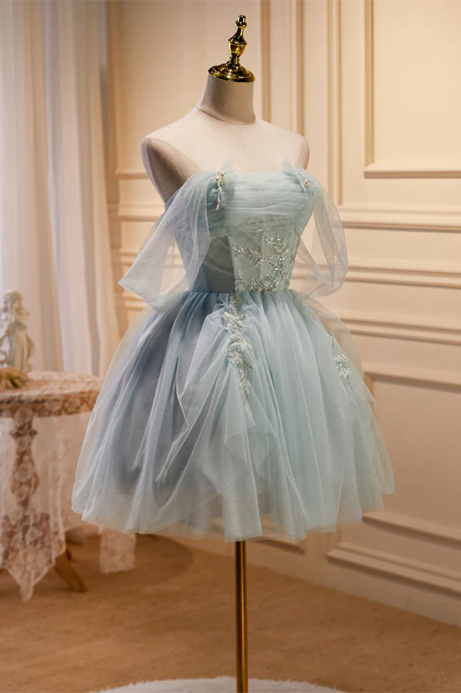 Off the Shoulder Light Green Short Tulle Homecoming Dress - Image 3