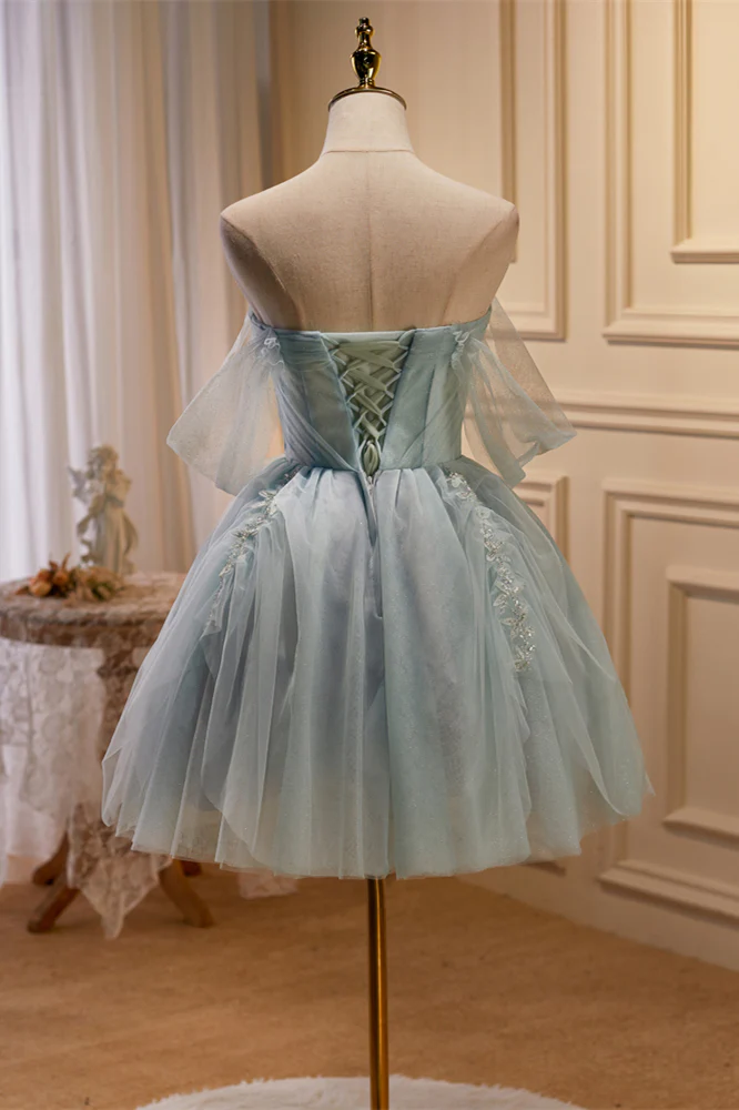 Off the Shoulder Light Green Short Tulle Homecoming Dress - Image 4