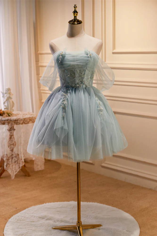 Off the Shoulder Light Green Short Tulle Homecoming Dress - Image 5