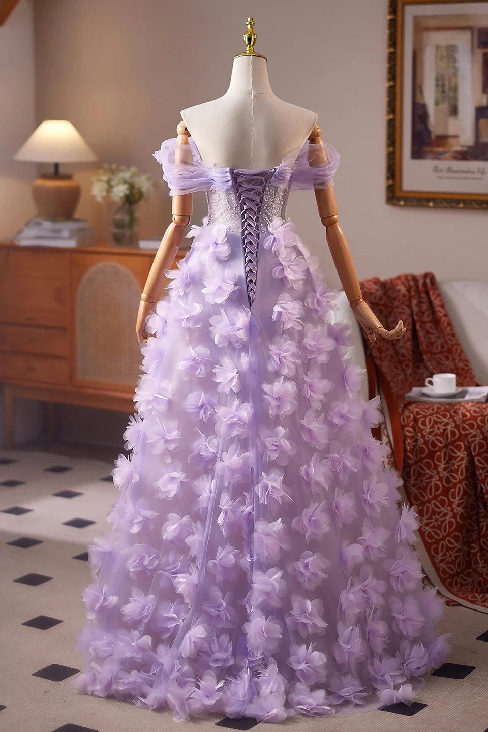 Off the Shoulder Lilac Floral Long Dress with Sequin - Image 2