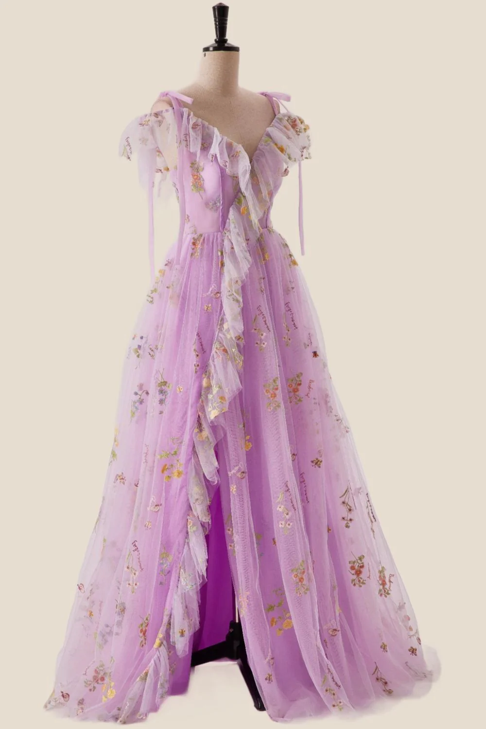 Off the Shoulder Lilac Floral Ruffles Formal Dress - Image 3