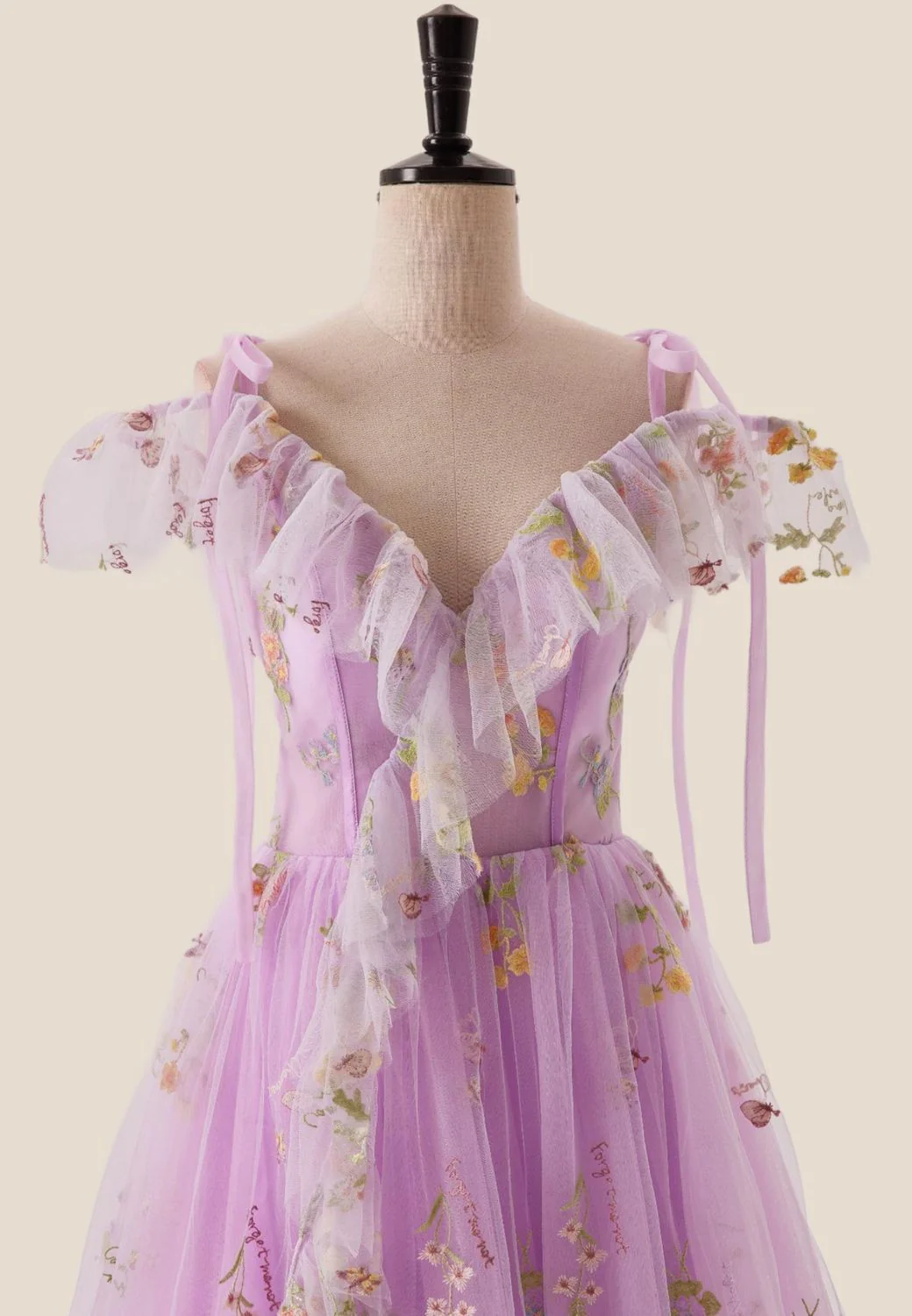 Off the Shoulder Lilac Floral Ruffles Formal Dress - Image 4
