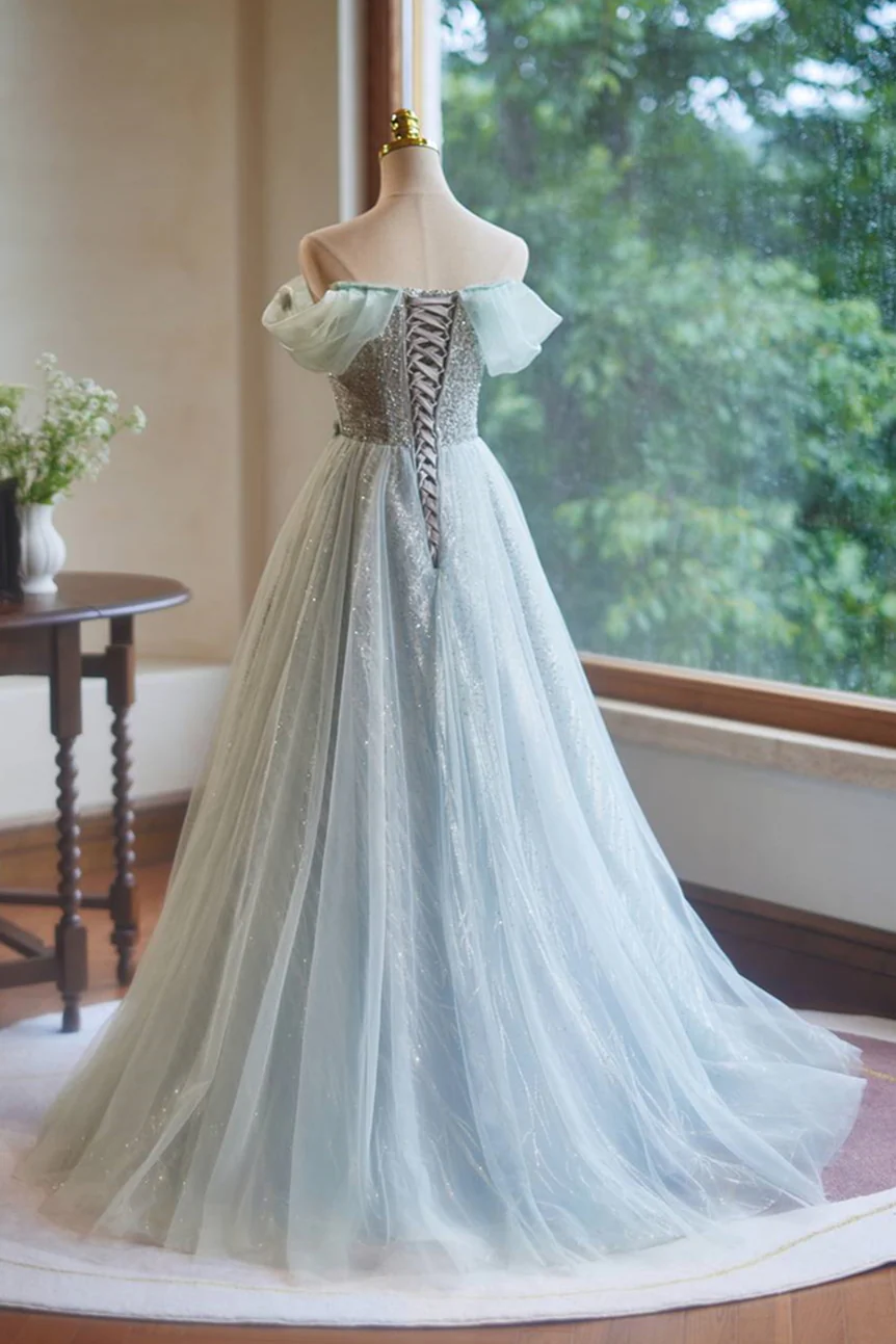 Off the Shoulder Mint Green Beaded Long Dress - Image 2