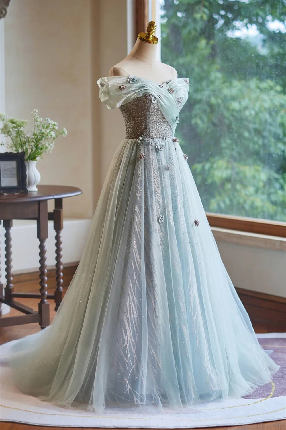 Off the Shoulder Mint Green Beaded Long Dress - Image 3