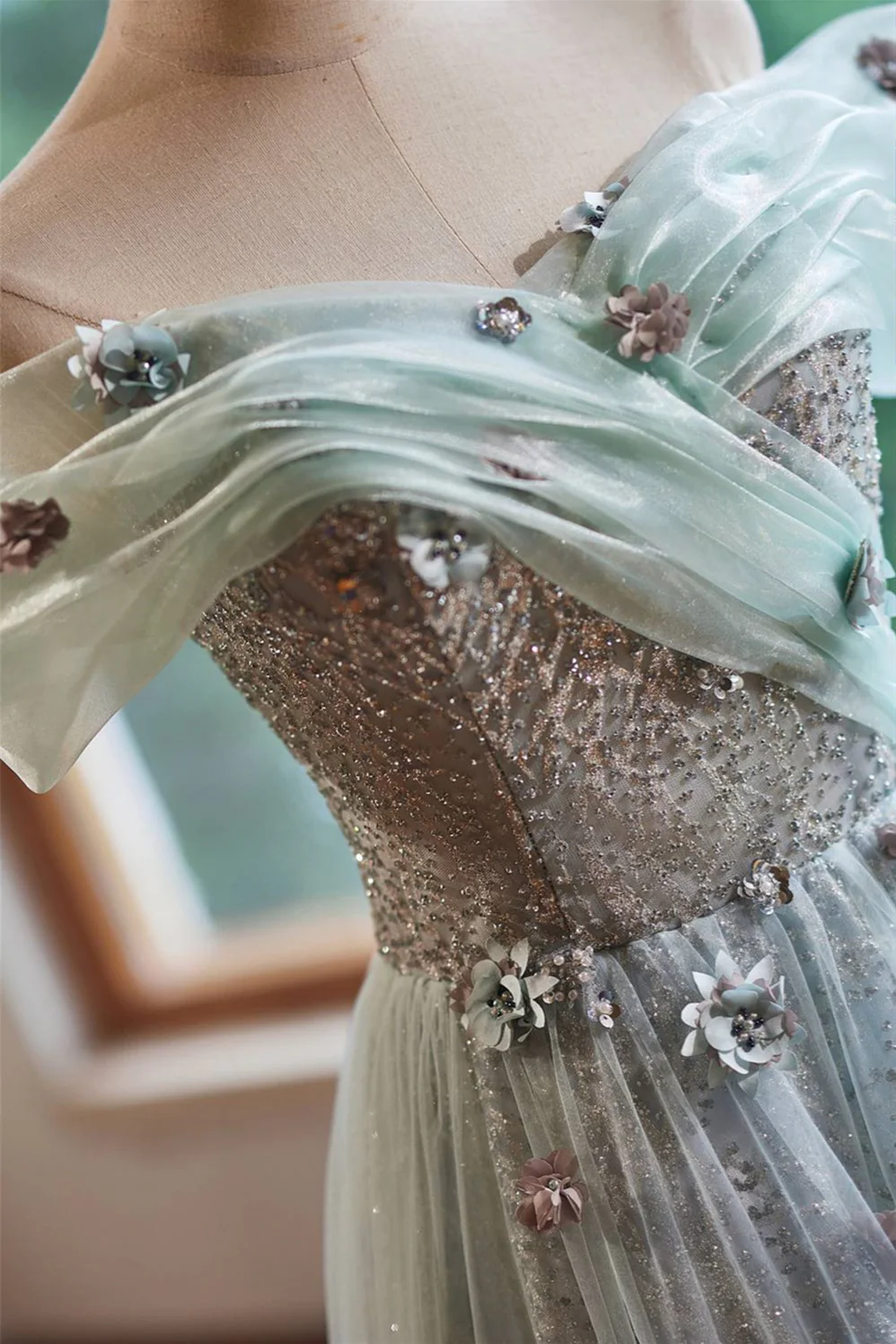 Off the Shoulder Mint Green Beaded Long Dress - Image 4