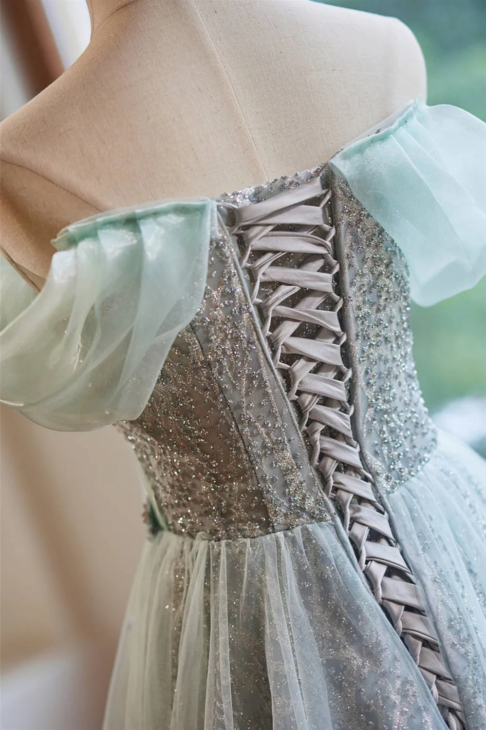 Off the Shoulder Mint Green Beaded Long Dress - Image 5