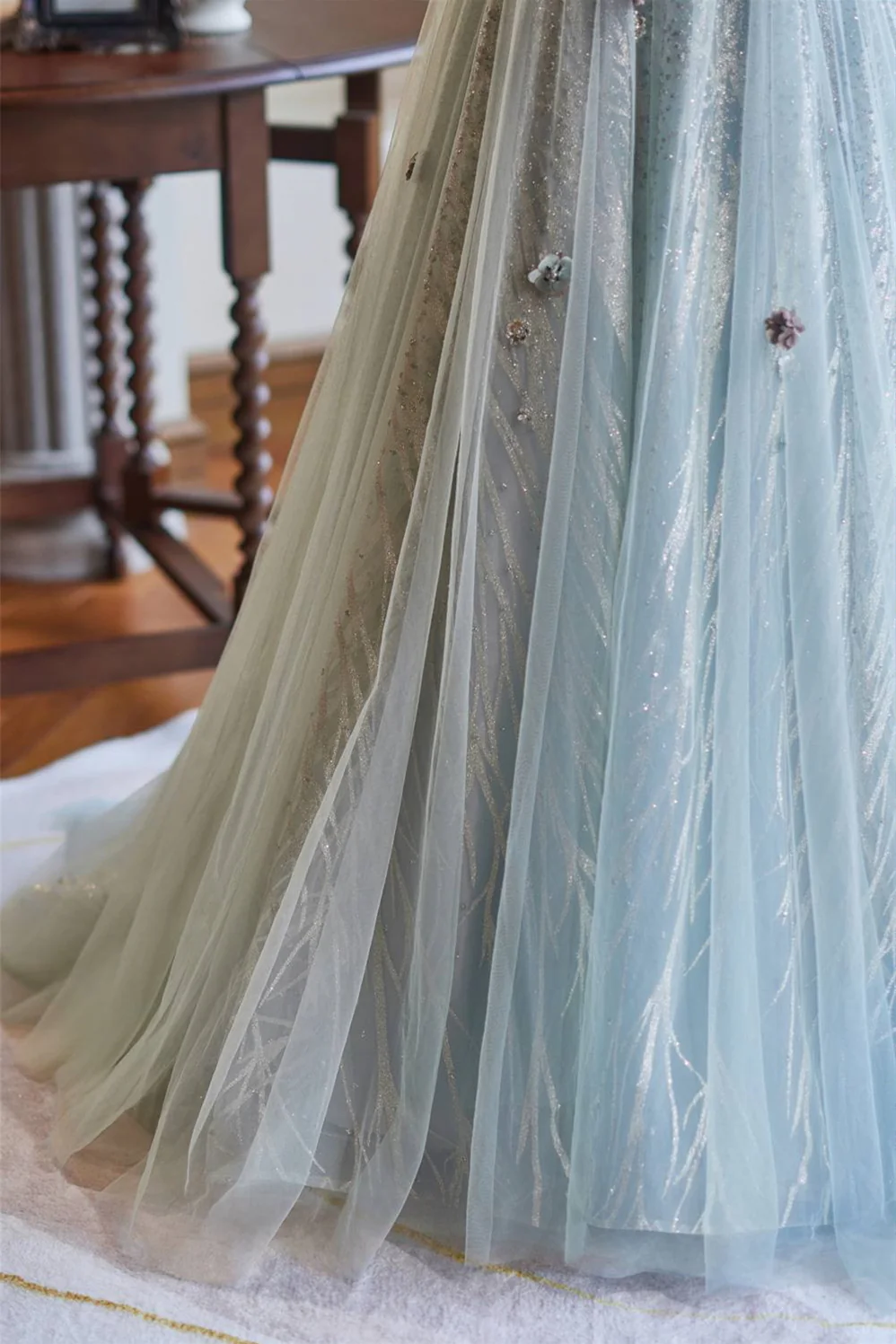 Off the Shoulder Mint Green Beaded Long Dress - Image 6