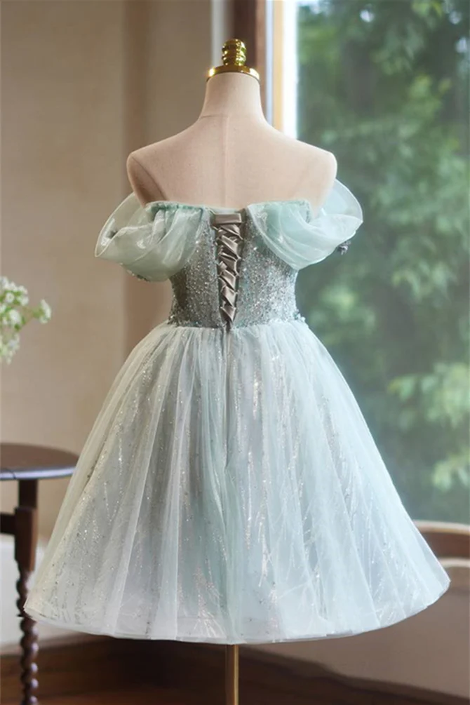 Off the Shoulder Mint Green Beaded Short Dress - Image 2