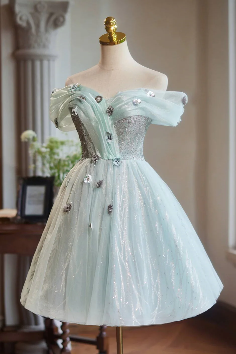 Off the Shoulder Mint Green Beaded Short Dress - Image 3