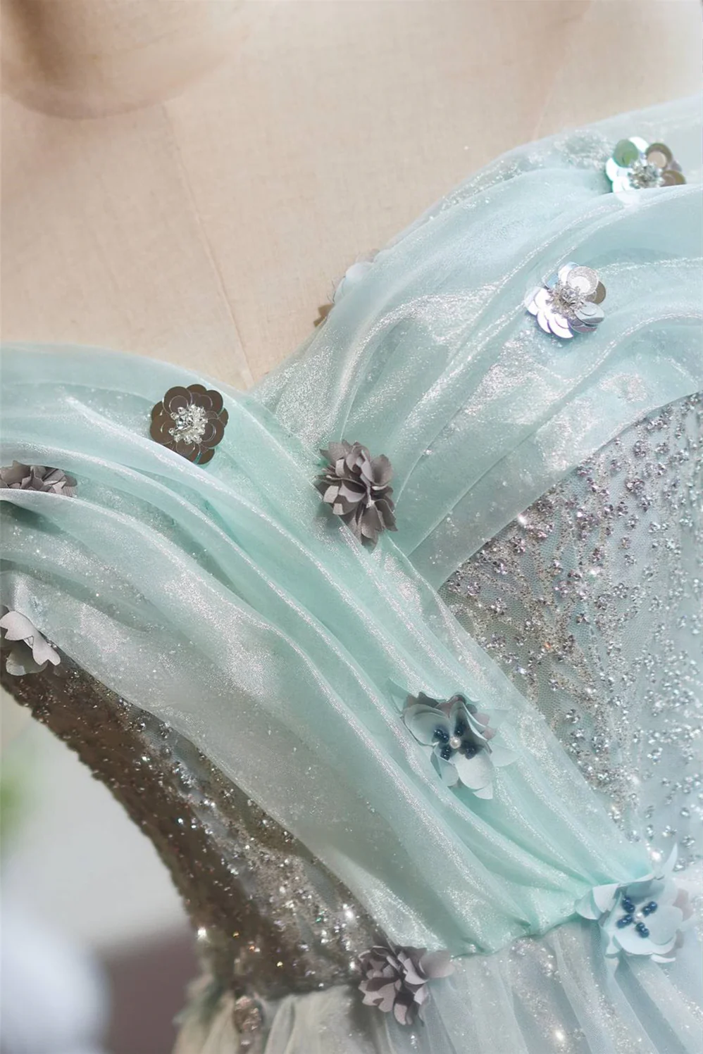 Off the Shoulder Mint Green Beaded Short Dress - Image 4