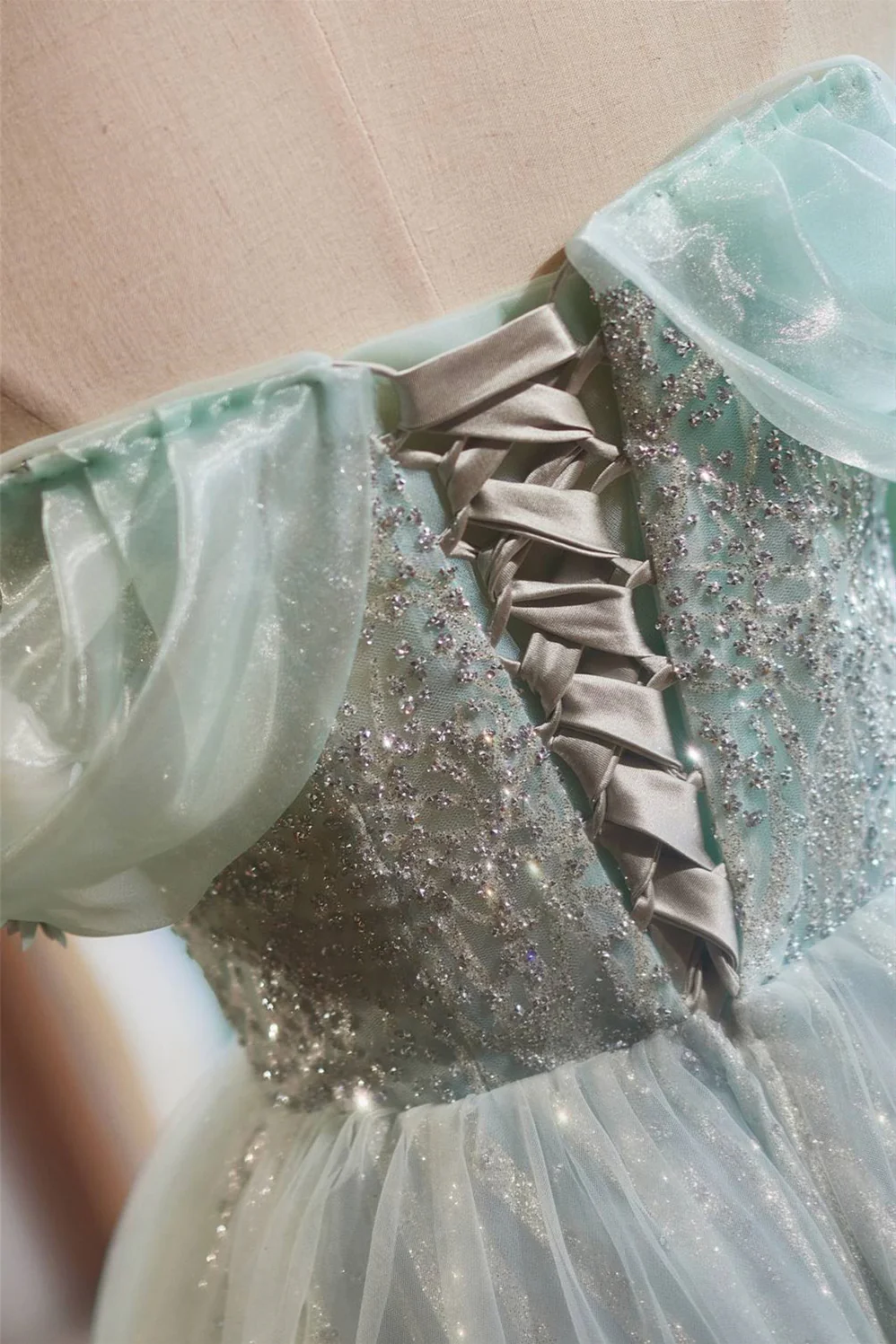 Off the Shoulder Mint Green Beaded Short Dress - Image 5