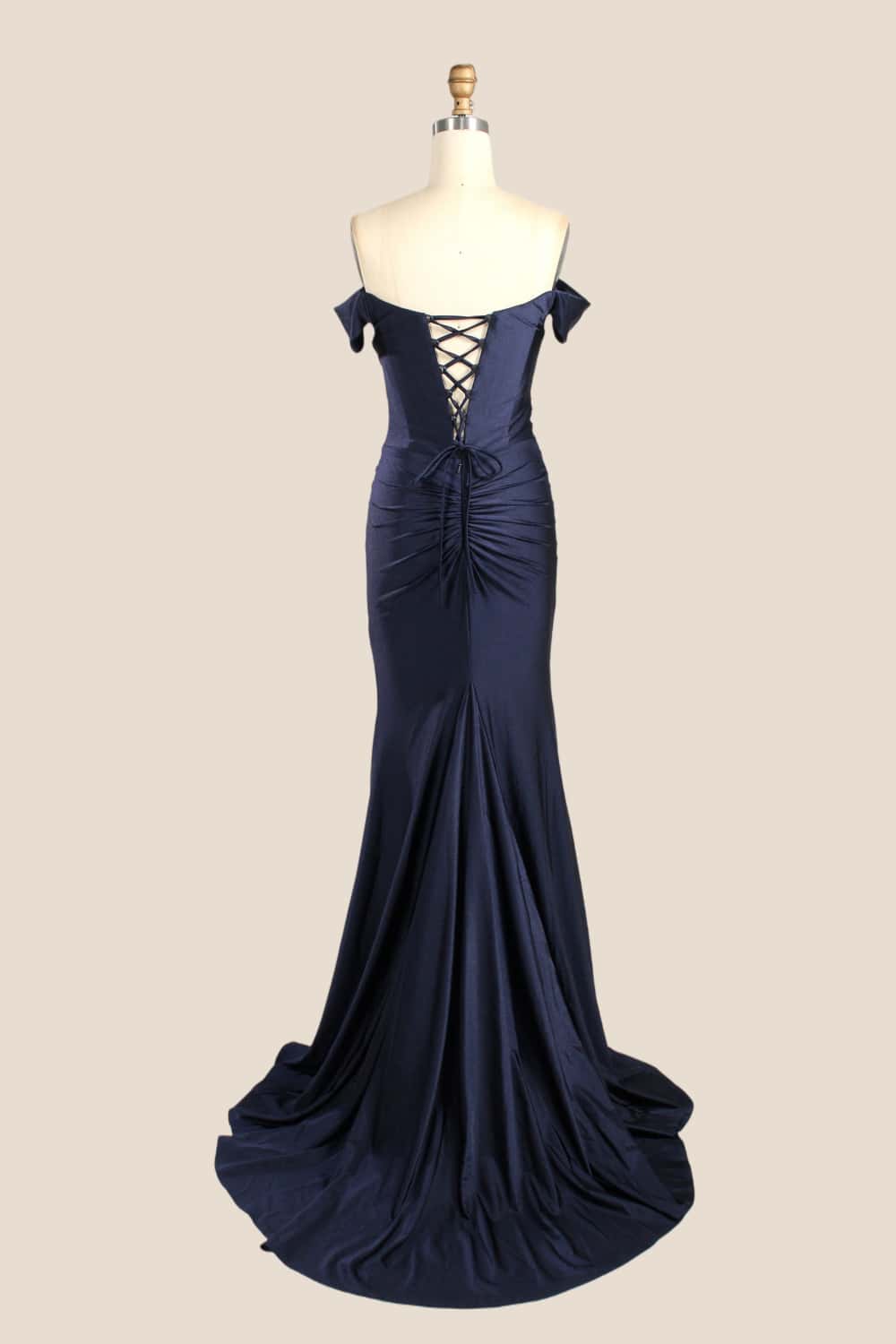 Off the Shoulder Navy Blue Satin Mermaid Formal Dress - Image 3