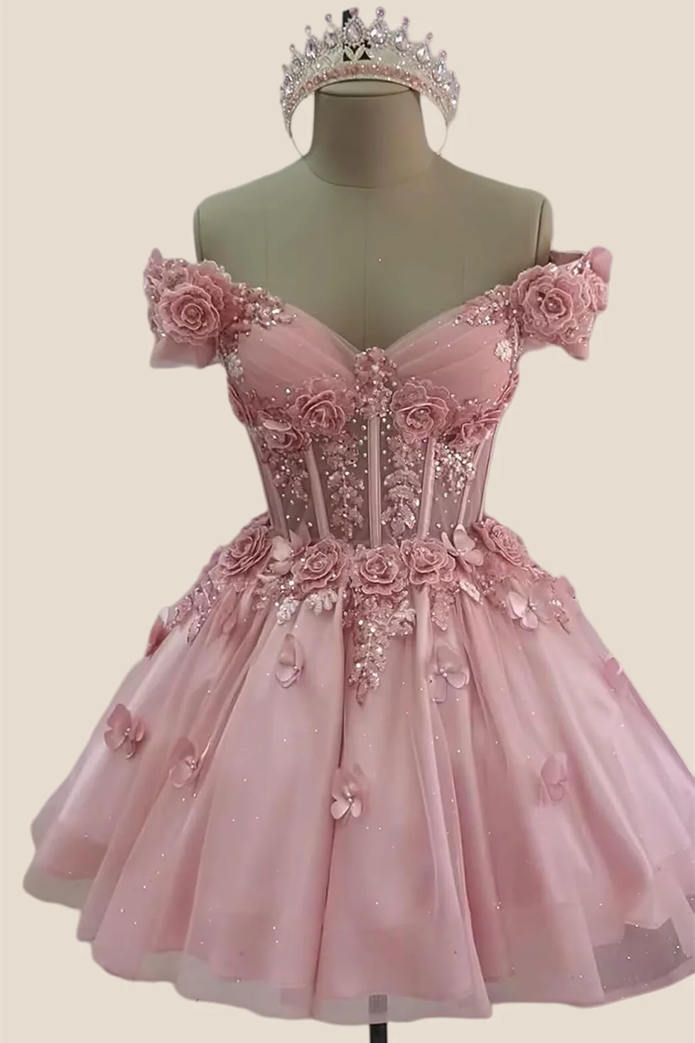 Off the Shoulder Pink 3D Floral Short Dress - Image 4
