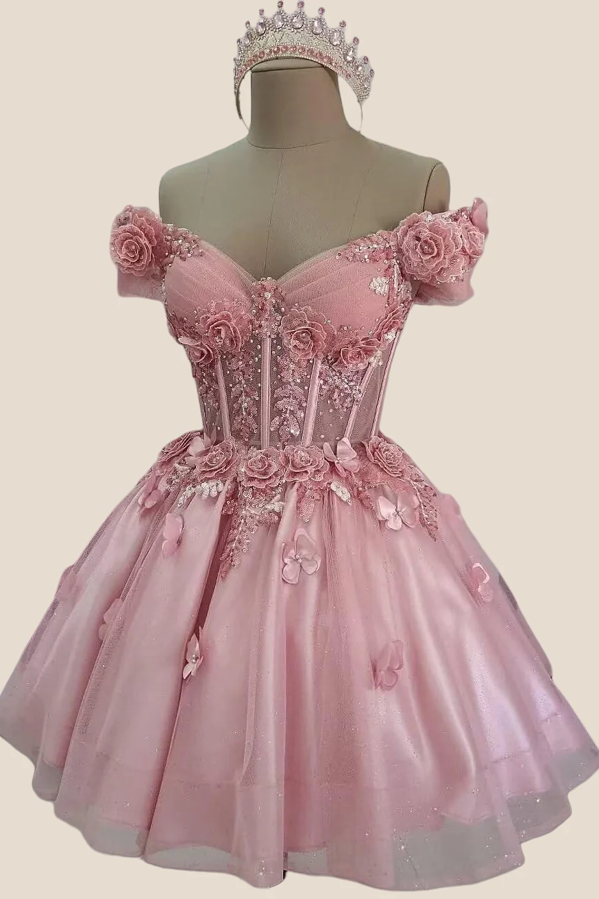 Off the Shoulder Pink 3D Floral Short Dress - Image 5