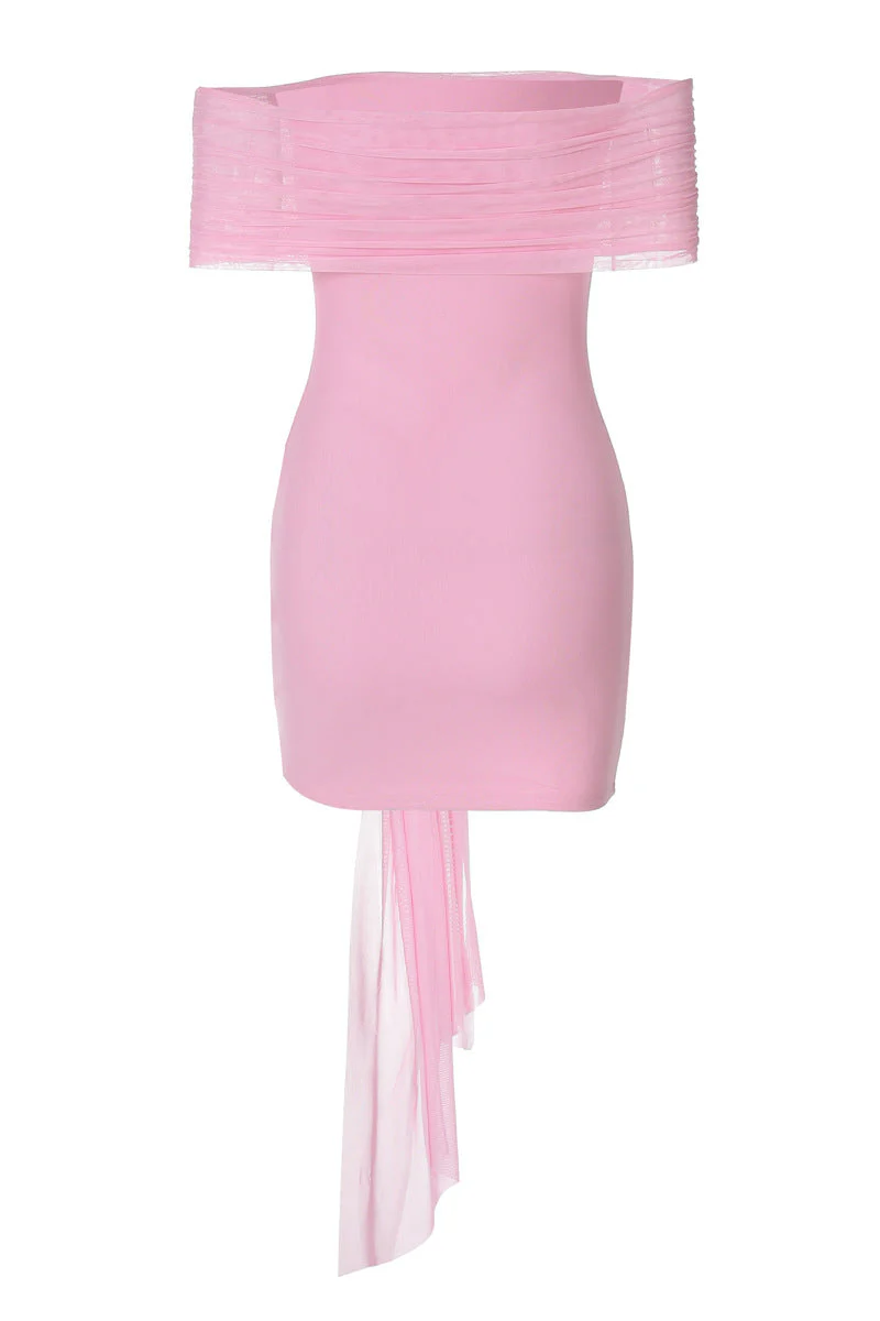 Off the Shoulder Pink Bodycon Short Dress with Ribbon - Image 2