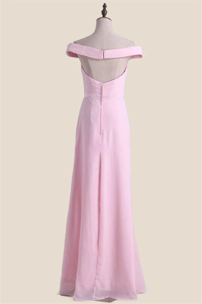 Off the Shoulder Pink Chiffon Long Bridesmaid Dress - Image 2