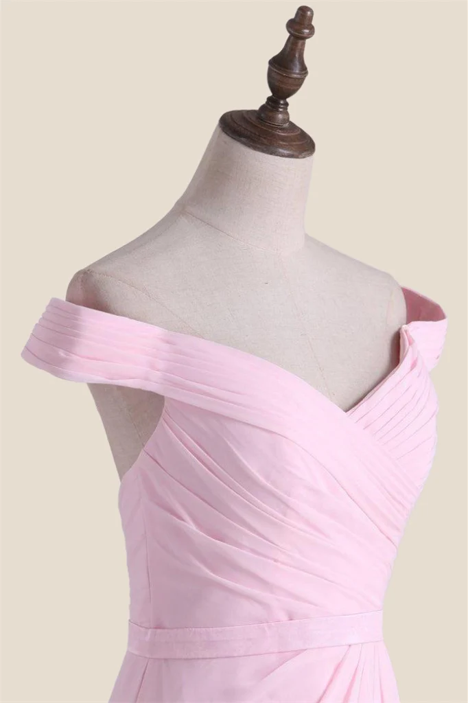 Off the Shoulder Pink Chiffon Long Bridesmaid Dress - Image 4