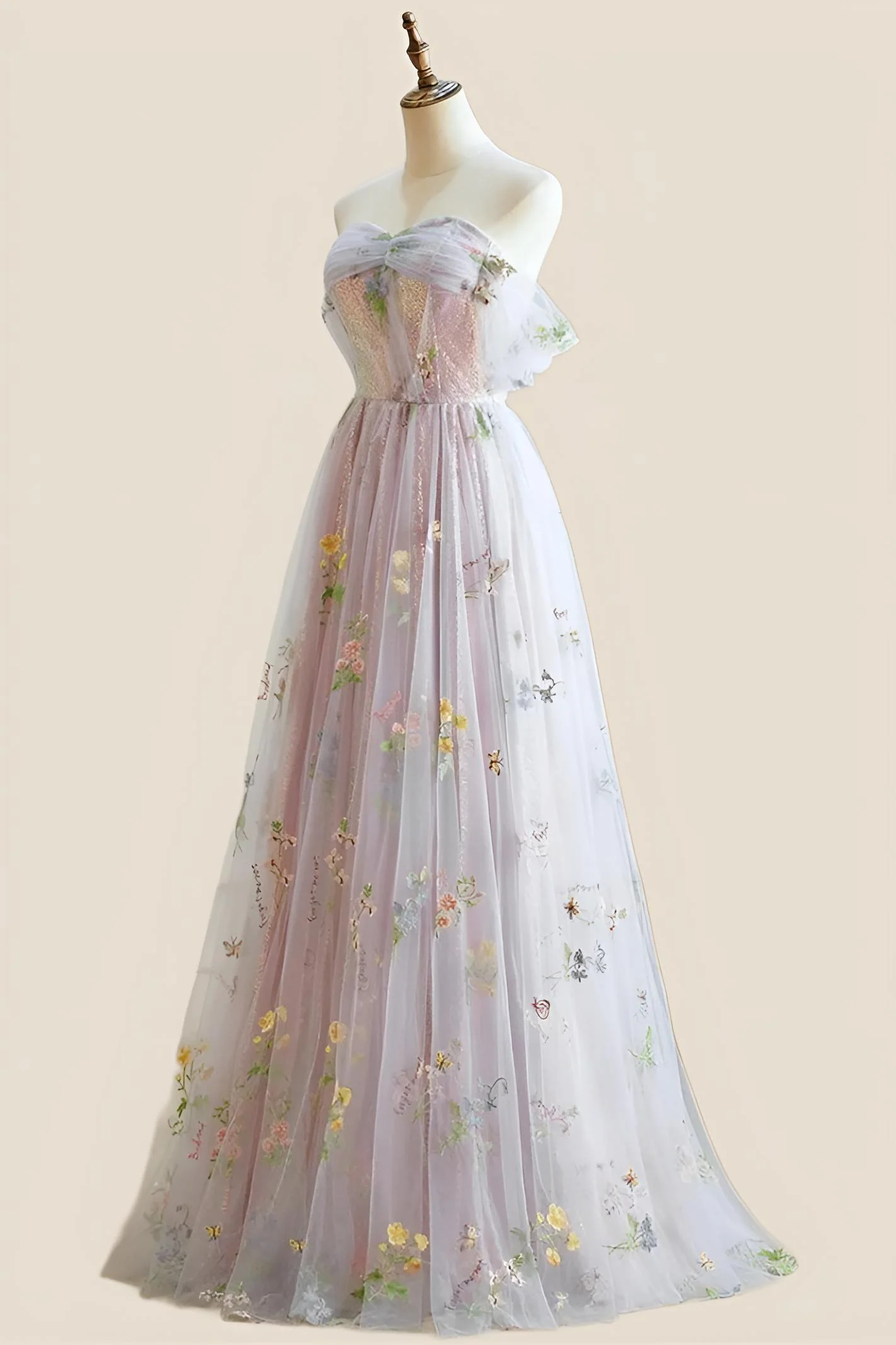 Off the Shoulder Pink Floral Tulle Princess Dress - Image 3