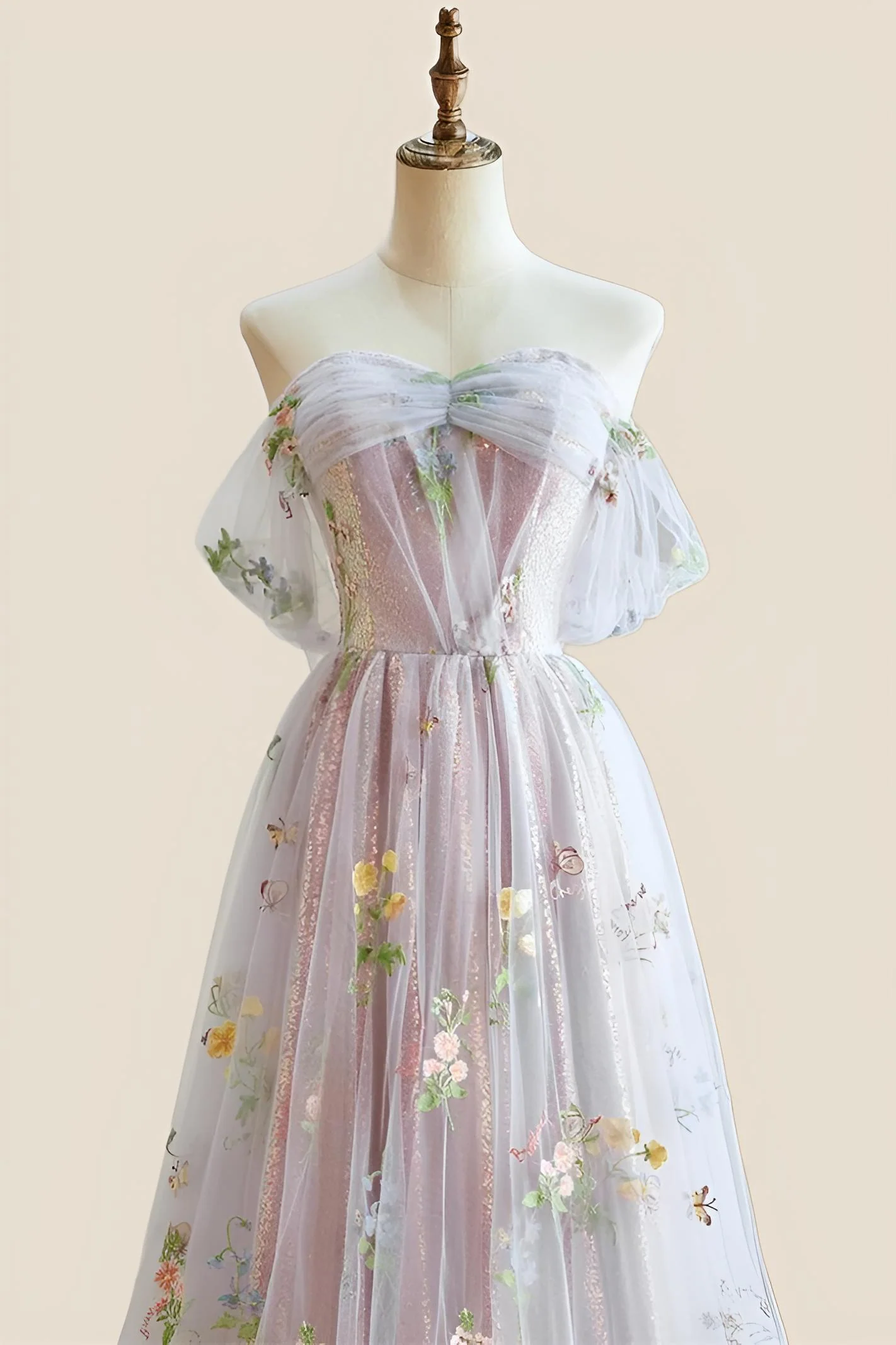 Off the Shoulder Pink Floral Tulle Princess Dress - Image 4