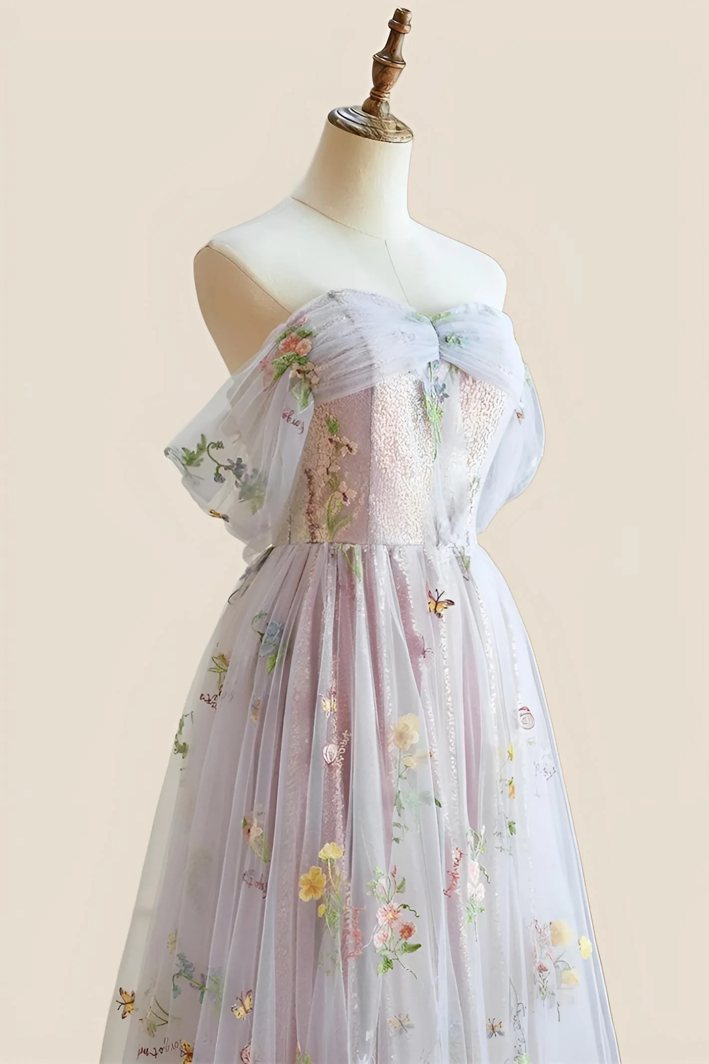 Off the Shoulder Pink Floral Tulle Princess Dress - Image 5