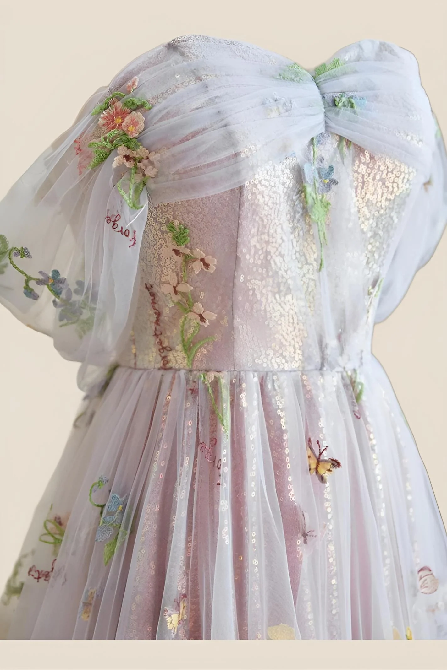Off the Shoulder Pink Floral Tulle Princess Dress - Image 6