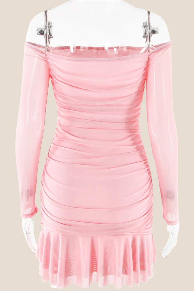 Off the Shoulder Pink Ruffle Hem Short Dress - Image 2