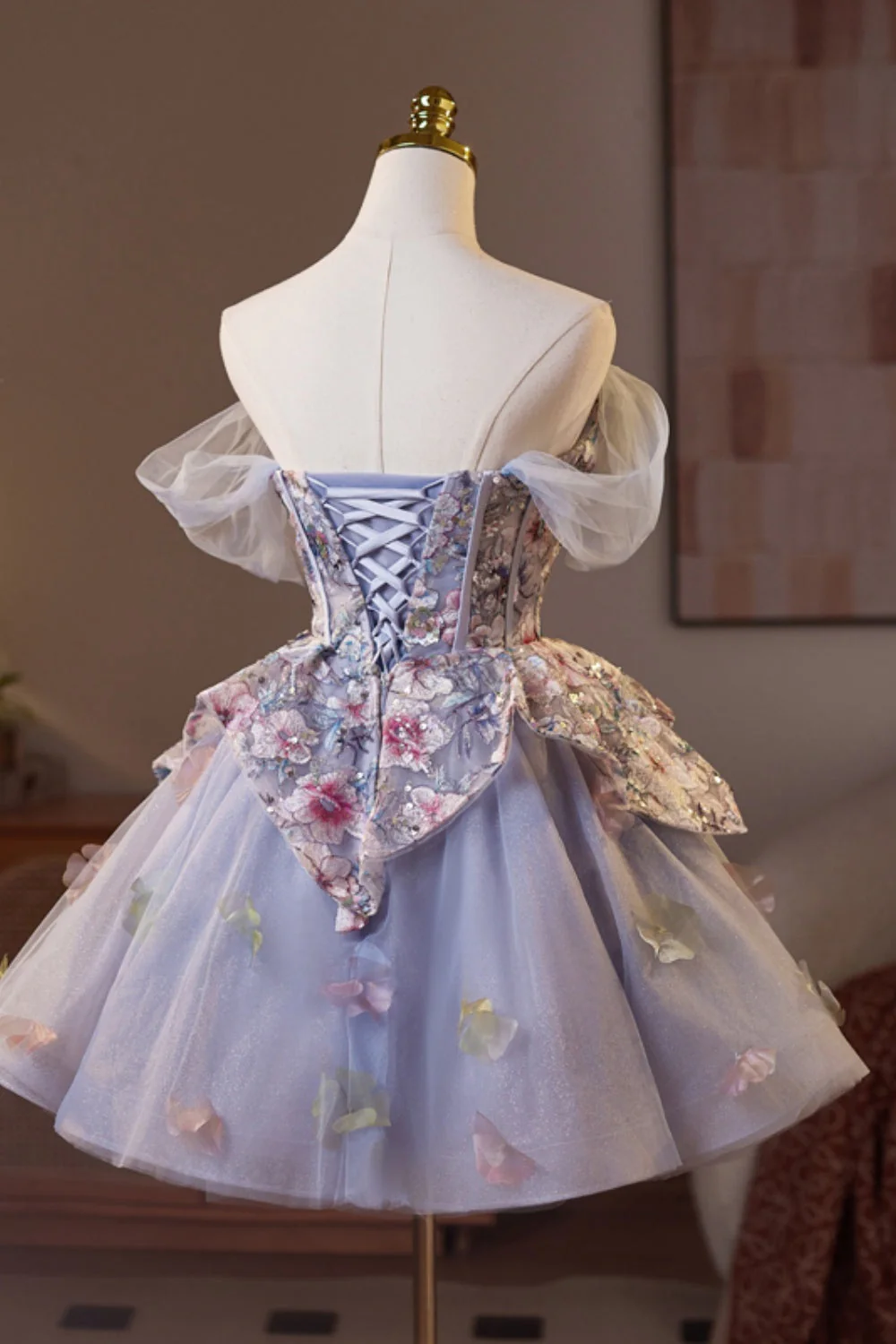 Off the Shoulder Purple Embroidery A-line Short Ball Gown - Image 2