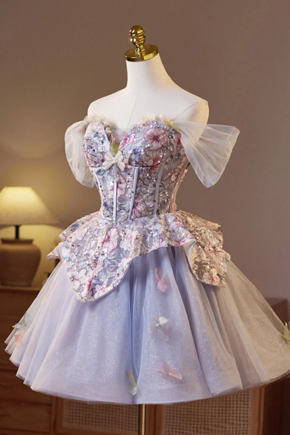 Off the Shoulder Purple Embroidery A-line Short Ball Gown - Image 8