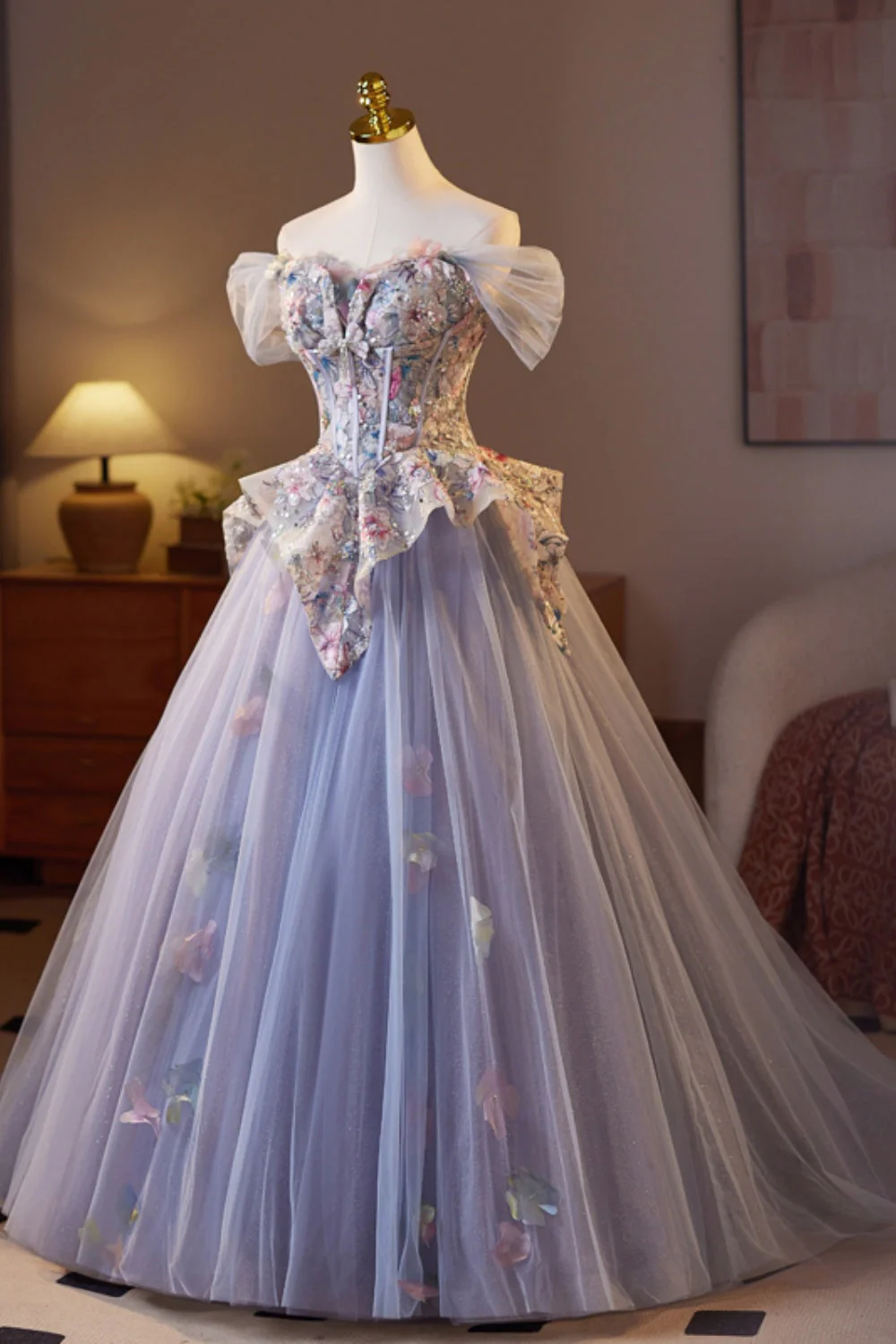 Off the Shoulder Purple Floral Embroidery A-line Ball Gown - Image 2