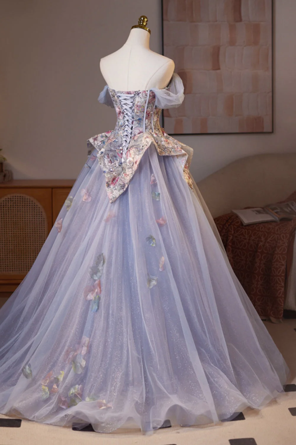 Off the Shoulder Purple Floral Embroidery A-line Ball Gown - Image 3