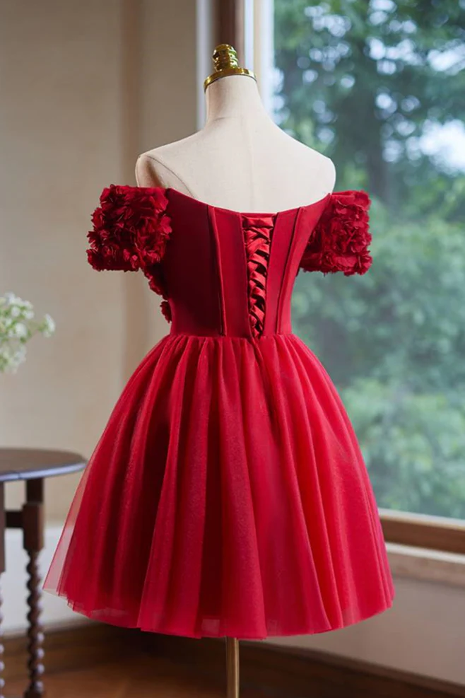 Off the Shoulder Red 3D Flowers Short Dress - Image 2