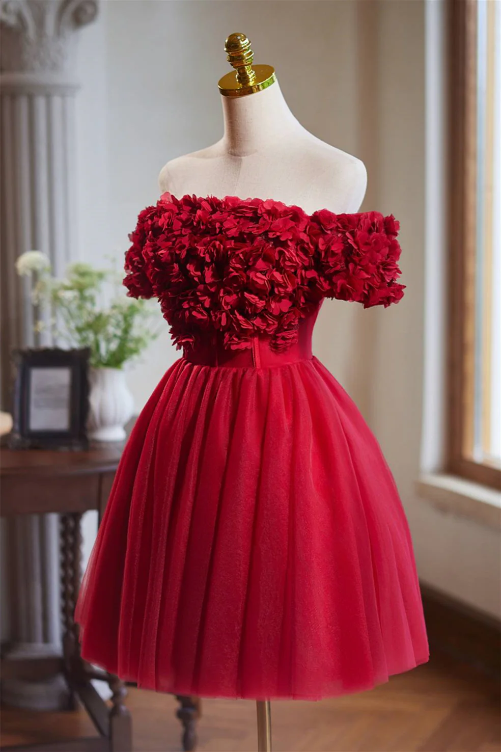 Off the Shoulder Red 3D Flowers Short Dress - Image 3