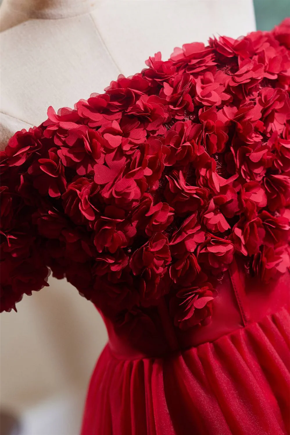 Off the Shoulder Red 3D Flowers Short Dress - Image 4