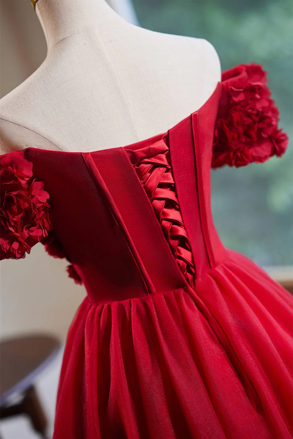 Off the Shoulder Red 3D Flowers Short Dress - Image 5